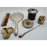 A lot comprising a silver hair tidy, mustard, ring tree, coin set, dish, mirror and comb, 263gms