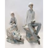 Two Lladro figures, one of a girl and lamb, the other of a man reading Condition Report: Available