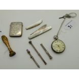 A lot comprising a silver vesta, lady's fob watch, two fruit knives, a metal seal and three pencil