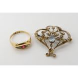 An 18ct gold diamond and gem set ring size Q, weight 2.2gms and a 9ct gold aquamarine and pearl