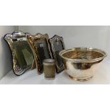 A lot comprising three silver plated photo frames, a bowl and a horn cup Condition Report: Available