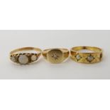 An 18ct gold opal and diamond ring, size S, weight approx 1.5gms, a 9ct gold pearl set ring size