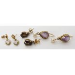 A pair of 14k gold amethyst and pearl earrings, weight 3.4gms and two pairs of 9ct and yellow