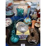 A turquoise glass lemonade set, an L & Son Hanley biscuit barrel, art glass vase and other