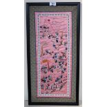 A pink Chinese silk panel with embroidered decoration of figures Condition Report: Available upon
