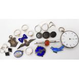 A collection of silver items to include an enamelled cuckoo brooch, RAF brooch, silver cased