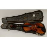 A two piece back violin, 35cm by Leslie Sheppard serial number 7999 with bow 71.5cm and case