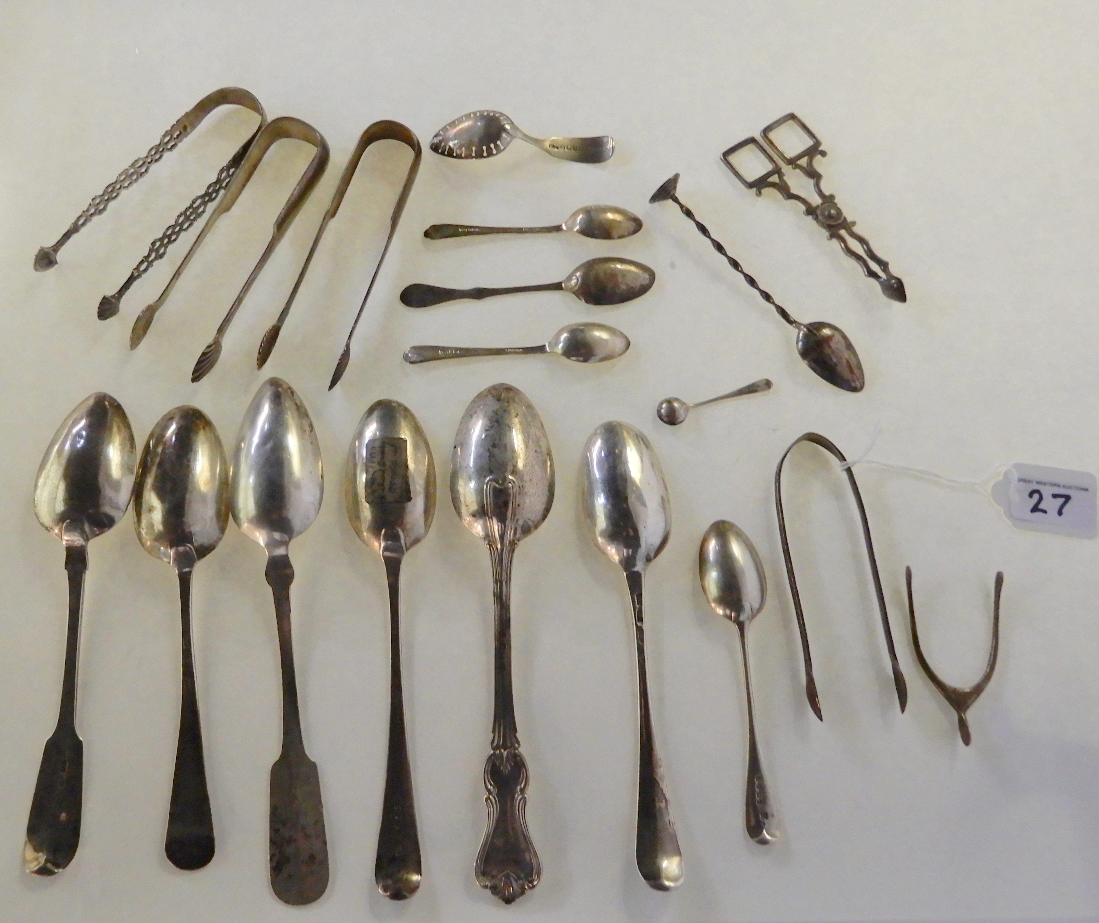 A lot comprising six assorted silver tablespoons, a silver caddy spoon, white metal and silver - Image 4 of 4