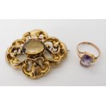 A bright yellow metal Victorian citrine brooch dimensions 4.8cm x 3.8cm and a 9ct gold amethyst ring