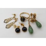A pair of 14k gold Chinese green hardstone earrings, weight 4.8gms, a 9ct gold tiger's eye ring size