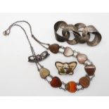 A satsuma brooch, a white metal Scottish heart shaped agate necklace and other items Condition
