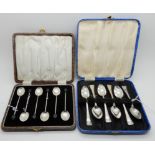 A lot comprising a cased set of six silver coffee bean spoons and cased set of EPNS coffee spoons (