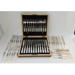 A lot comprising a cased twenty-four piece EP and mother of pearl dessert cutlery set with a loose