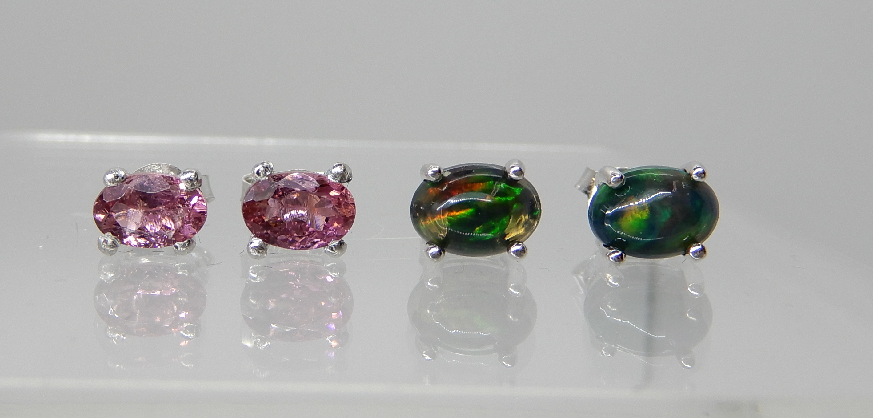 A pair of silver mounted pink gem set earrings and a further pair of 'ammolite' Korite style - Image 2 of 3