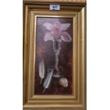 KEN MCKENZIE Orchid and feathers, signed, oil on board, dated, (19)86, 30 x 14cm Condition Report: