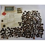 A quantity of UK copper coins, foreign coins, a certificate of competence dated 1835 and a framed