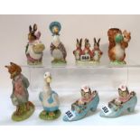 Five Beswick Beatrix Pottery figures including Mrs Rabbit, Jemima Puddleduck, Foxy Whiskered