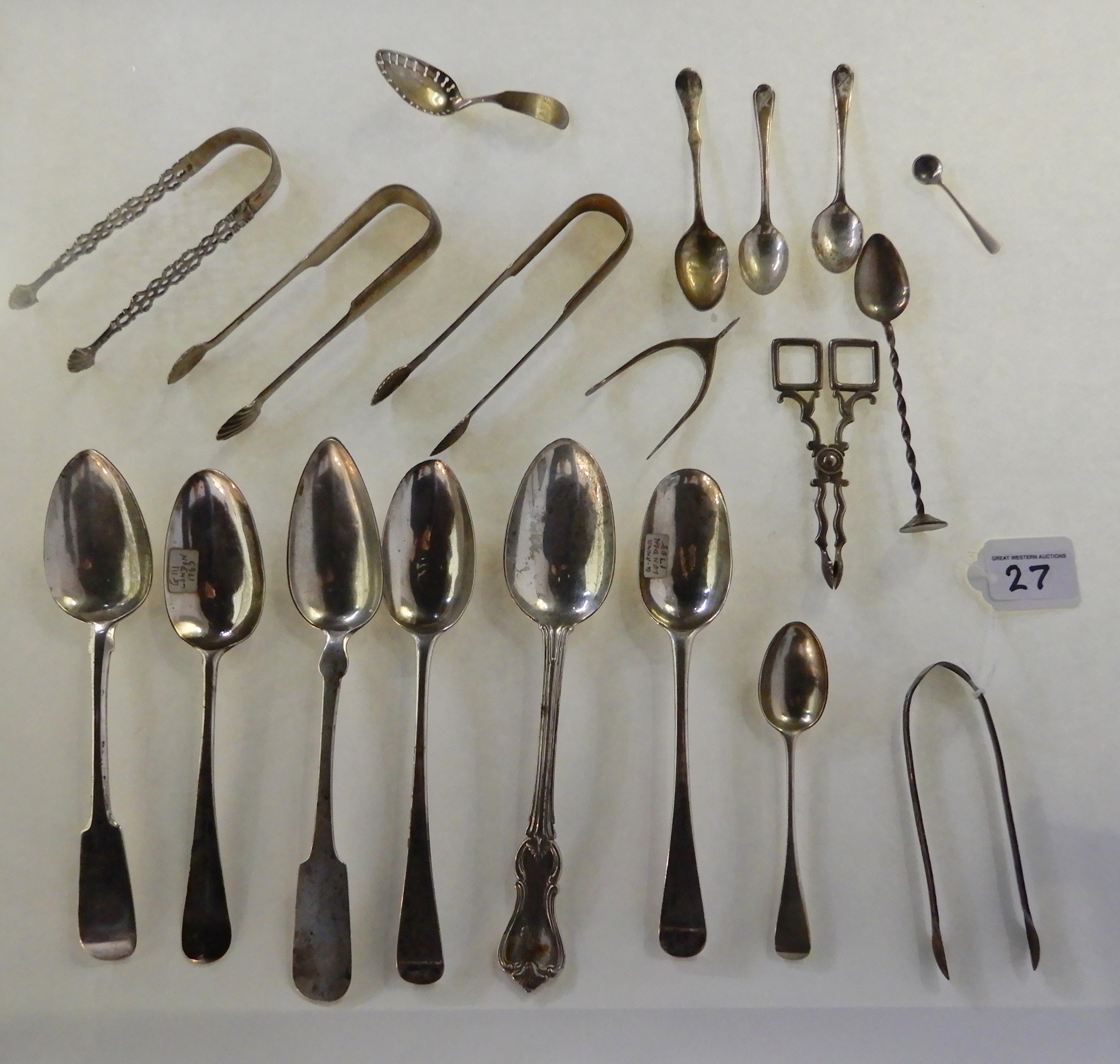 A lot comprising six assorted silver tablespoons, a silver caddy spoon, white metal and silver - Image 2 of 4