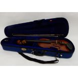 A one piece back violin, 35cm with bow 67cm and case Condition Report: Available upon request