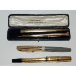 Two rolled gold propelling pencils, Ideal fountain pen and other another fountain pen Condition