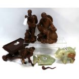 Two carved wooden figures, a camel and cart and two onyx animals Condition Report: Available upon