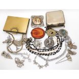 A Satsuma wear buckle, ladies compendium, a large white metal mounted carnelian brooch and other