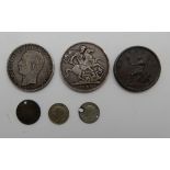 A George III Britannia coin, 1806, a Victorian silver crown, 1889, with a foreign coin, 1876 and