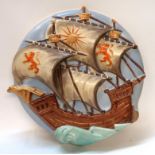 A Burleighware wall plaque, modelled as a three masted galleon, hand painted in colours, 31cm