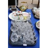 A pair of cut and etched champagne glasses, Tudor glassware, Royal Albert Gossamer coffee cups and