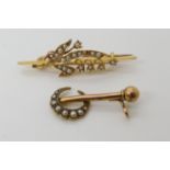 A 15ct gold pearl set lily of the valley brooch together with a 15ct partial pearl set crescent moon