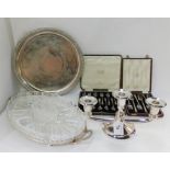 A tray lot of EP - candleholder, hors deures dish, salver etc Condition Report: Available upon