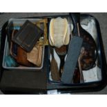 A tray lot including hairbrushes, hand mirror frame, miniature photo frames etc Condition Report: