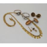 A 9ct gold fringe necklace, a 9ct white gold twin clear gem set ring, size O, 9ct blue gem set