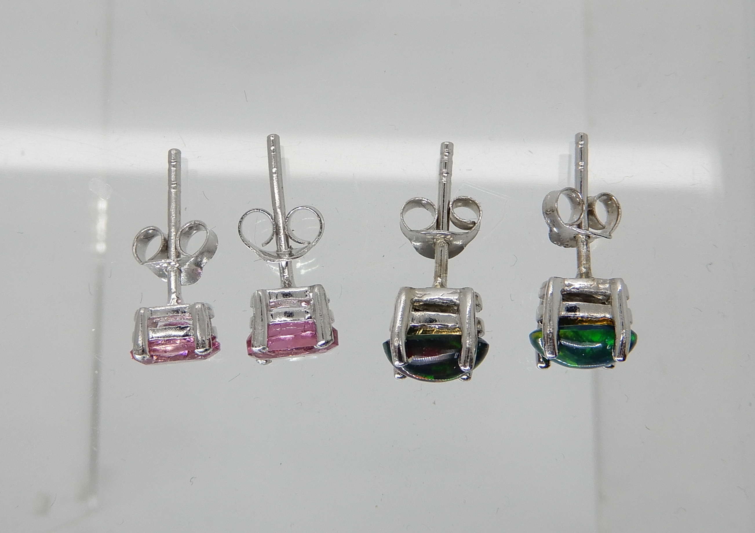A pair of silver mounted pink gem set earrings and a further pair of 'ammolite' Korite style - Image 3 of 3
