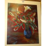ELIZABETH LUMSDEN Lilies in blue vase, signed, oil on board, 57 x 45cm Condition Report: Available