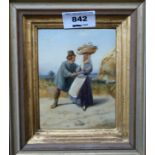 MANNER OF ERSKINE NICOL Couple with goods and cart, monogrammed, oil on panel, 13 x 10cm Condition