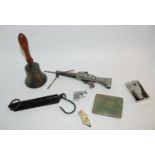 A collection including hand bell, various table lighters, shagreen cigarette case etc Condition