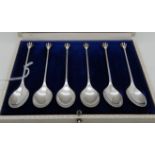 A cased set of six sterling silver coffee spoons with crown finials Condition Report: Available upon