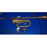 A brass hunting horn, Argyll & Sutherland brass bugle and miniature bugle Condition Report: