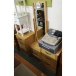 A pair of modern oak three drawer bedside cabinets and a cheval mirror (3) Condition Report:
