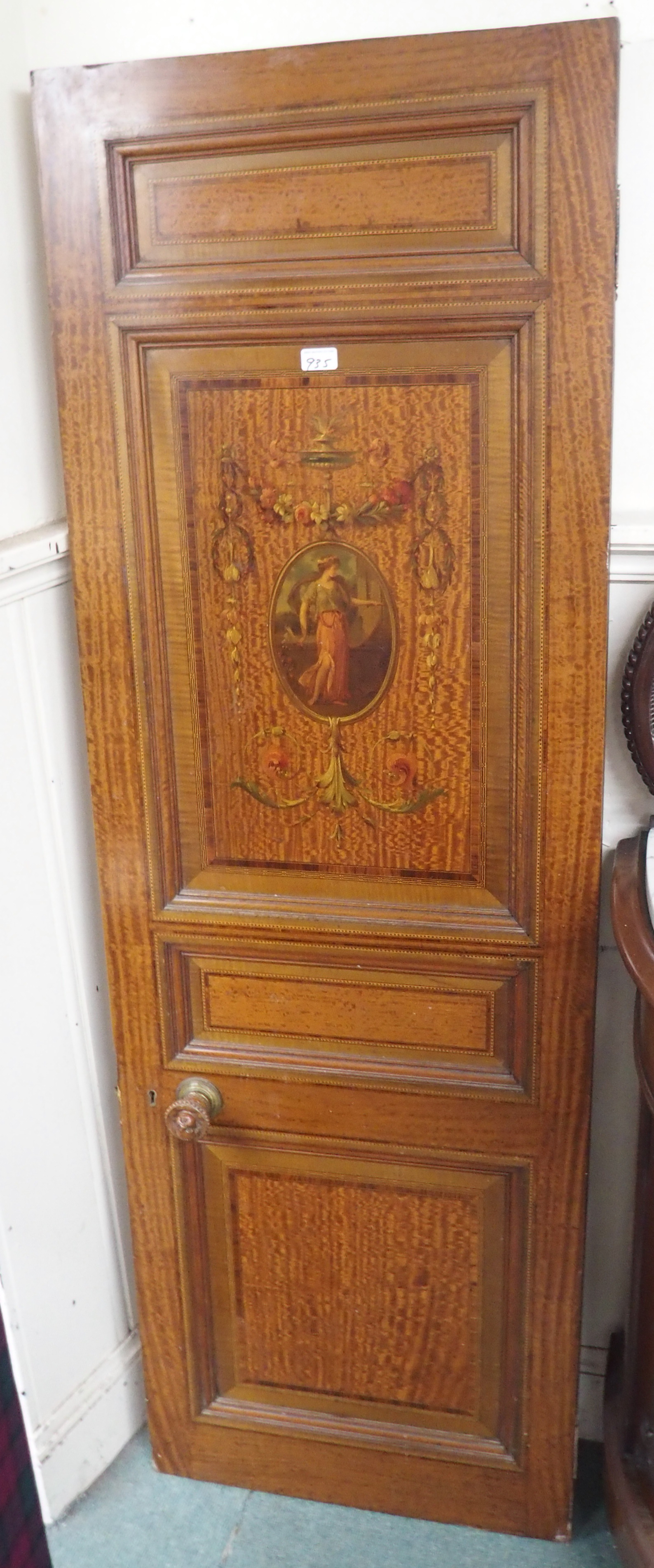 An inlaid mahogany door with painted panels, 185cm high x 61cm wide Condition Report: Available upon