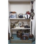 A large selection of brassware, copperware, set of scales, cameras, barometer, books, EPNS etc