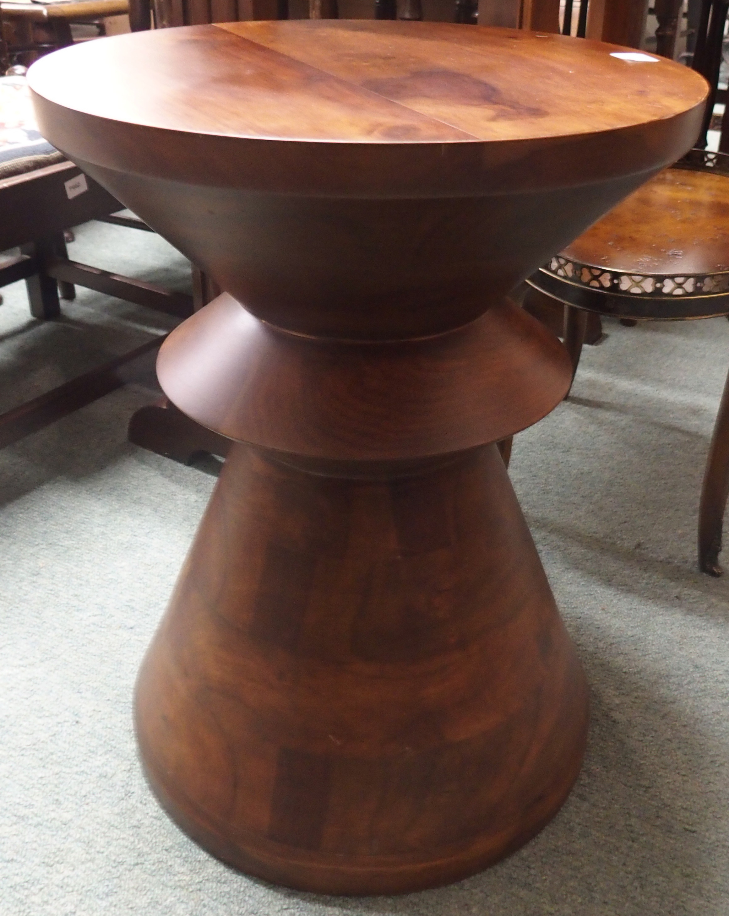 A reproduction two-tier side table and a circular hardwood occasional table (2) Condition Report: - Image 2 of 2