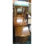 A pair of yew wood side tables, three drawer bedside, stool and a nest of tables (5) Condition