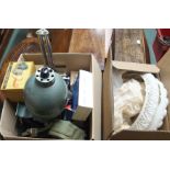 A box of vintage photographic equipment, brassware and a light shade Condition Report: Available