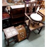 An armchair, footstool, side table, coal depot and a wall rack (5) Condition Report: Available