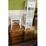 A Jaycee pine four drawer chest, pair of white side tables and a white stool (4) Condition Report: