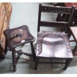 A small oak carved chair and a carved stool (def) (2) Condition Report: Available upon request