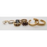 Two three stone garnet rings, four 9ct gold gem set rings and a pair of earrings total weight 23.