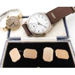 A pair of 9ct rose gold cufflinks, a 9ct gold ladies Majex watch and a gents vintage silver watch